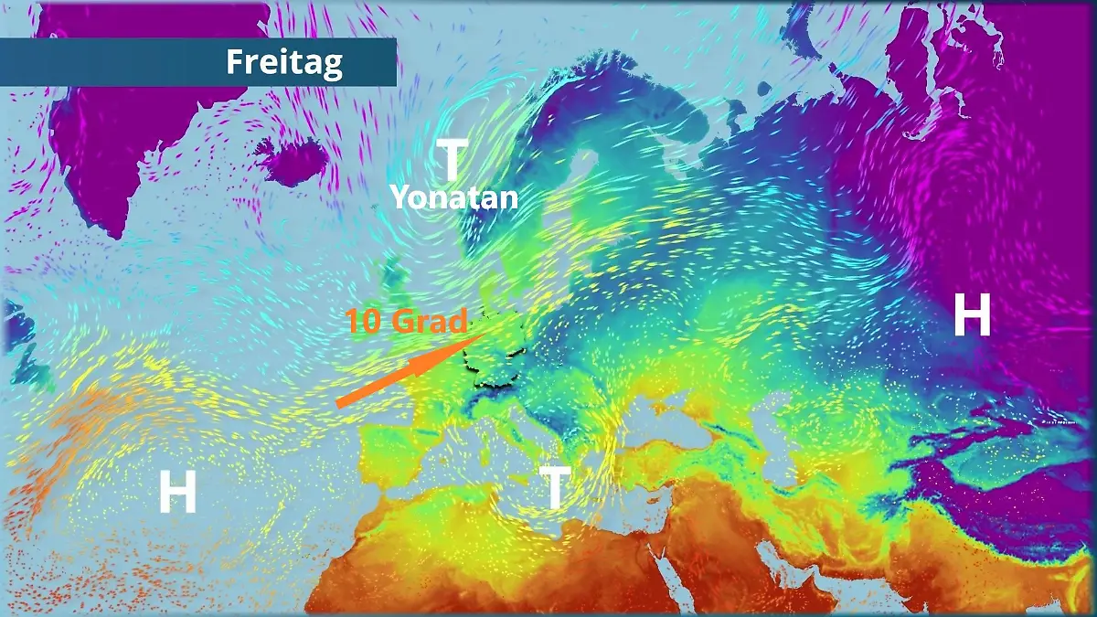 Mit Orkantief Yonatan wird's ganz schön warm Der Strömungsfilm für Europa für 5 Tage
