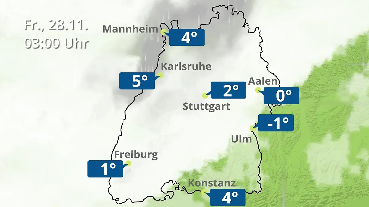 Baden-Württemberg: Wie wird das Wetter? Regen- und Wolkenfilm für Stuttgart, Mannheim und Karlsruhe