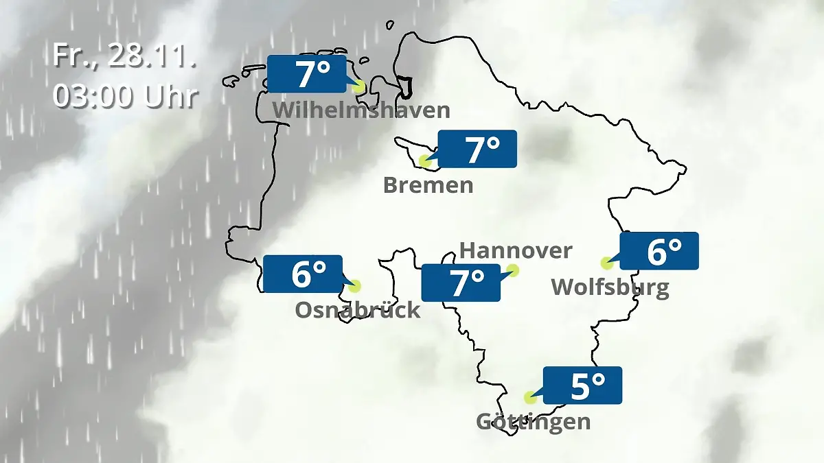 Bremen und Niedersachsen: Wie wird das Wetter? Regen- und Wolkenfilm für Hannover, Osnabrück und Wolfsburg