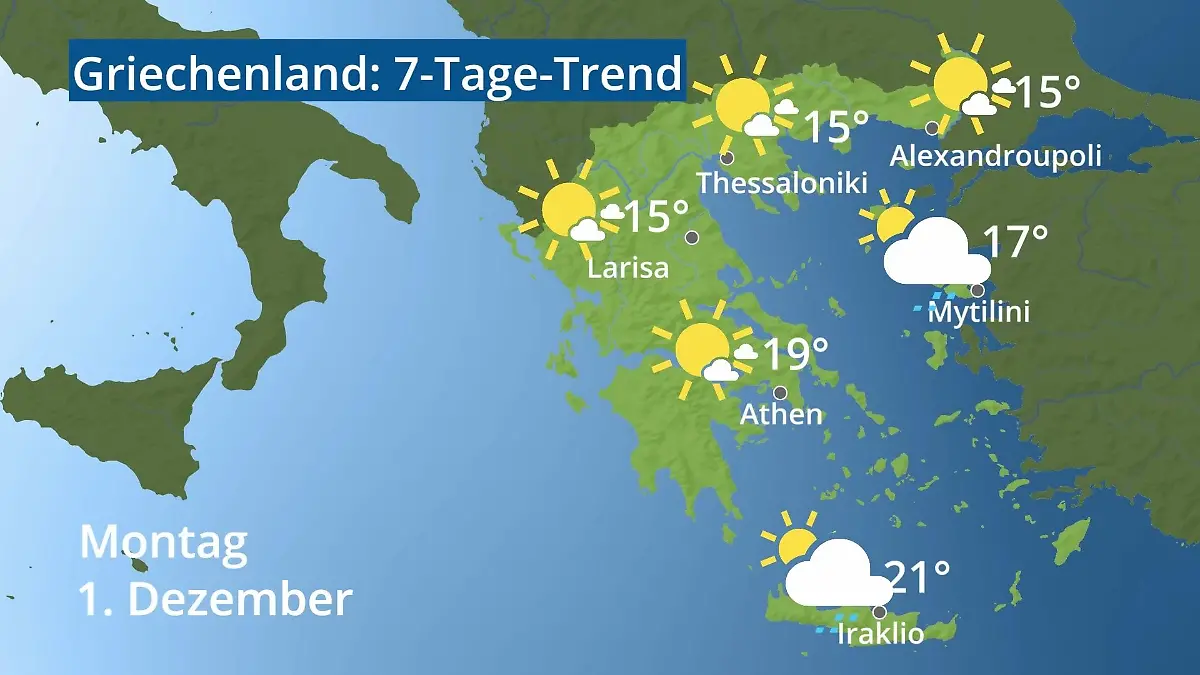 Griechenland: Wie wird das Wetter? Video 7-Tage-Trend: Athen, Kreta, Lesbos
