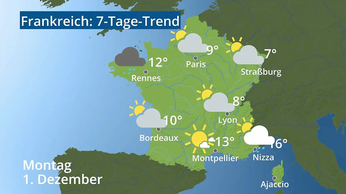 Frankreich: Wie wird das Wetter? Video 7-Tage-Trend: Paris, Straßburg, Nizza, Korsika