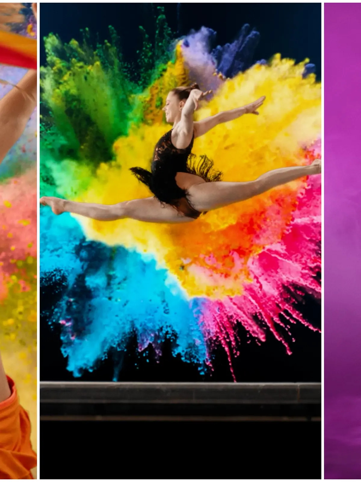 Drei verschiedene Menschen sind mit ihrer Akrobatik zu sehen. 