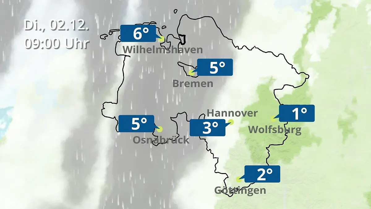 Bremen und Niedersachsen: Wie wird das Wetter? Regen- und Wolkenfilm für Hannover, Osnabrück und Wolfsburg