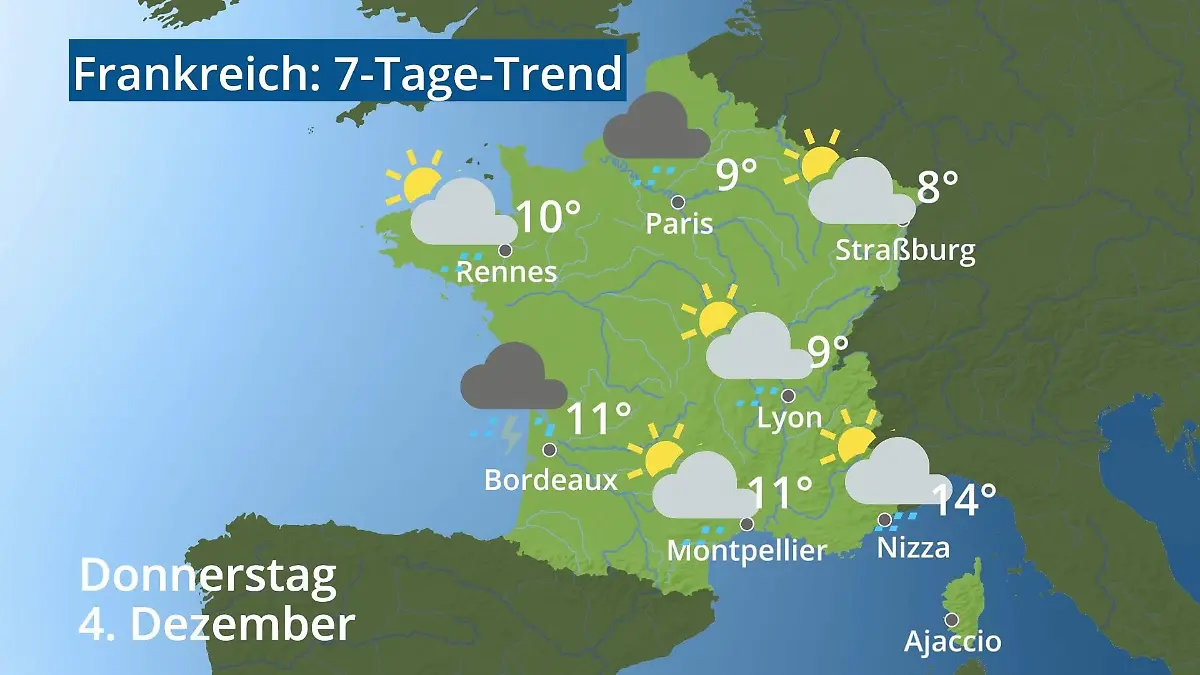 Frankreich: Wie wird das Wetter? Video 7-Tage-Trend: Paris, Straßburg, Nizza, Korsika