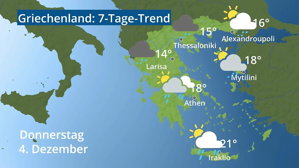 Griechenland: Wie wird das Wetter? Video 7-Tage-Trend: Athen, Kreta, Lesbos