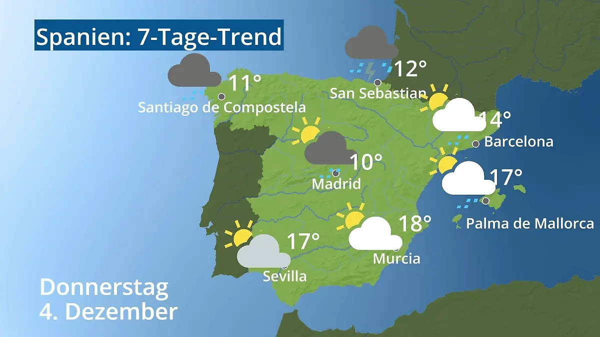 Spanien: Wie wird das Wetter? Video 7-Tage-Trend: Mallorca, Madrid, Barcelona