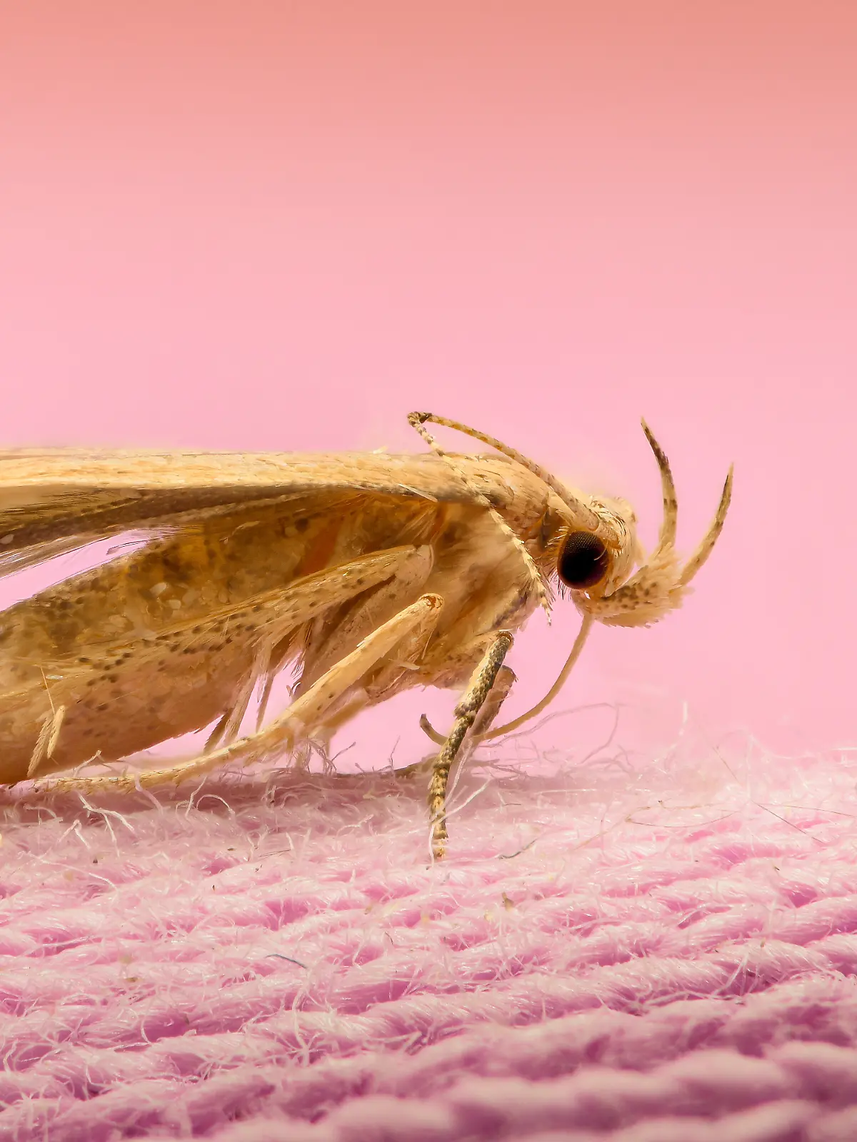 Kleidermotte auf pinkem Stoff