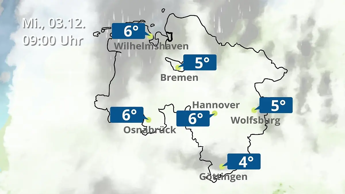 Bremen und Niedersachsen: Wie wird das Wetter? Regen- und Wolkenfilm für Hannover, Osnabrück und Wolfsburg