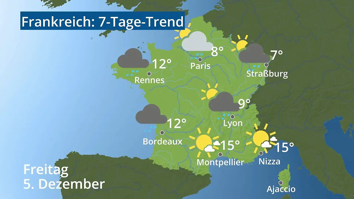 Frankreich: Wie wird das Wetter? Video 7-Tage-Trend: Paris, Straßburg, Nizza, Korsika