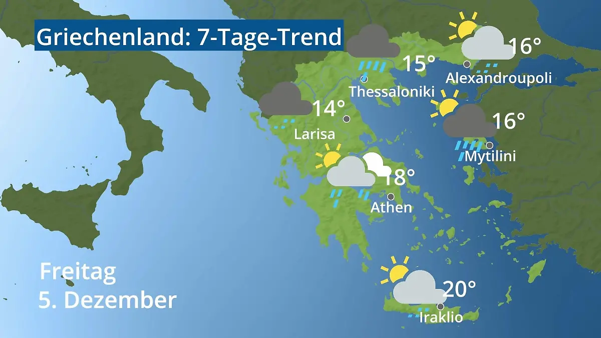 Griechenland: Wie wird das Wetter? Video 7-Tage-Trend: Athen, Kreta, Lesbos