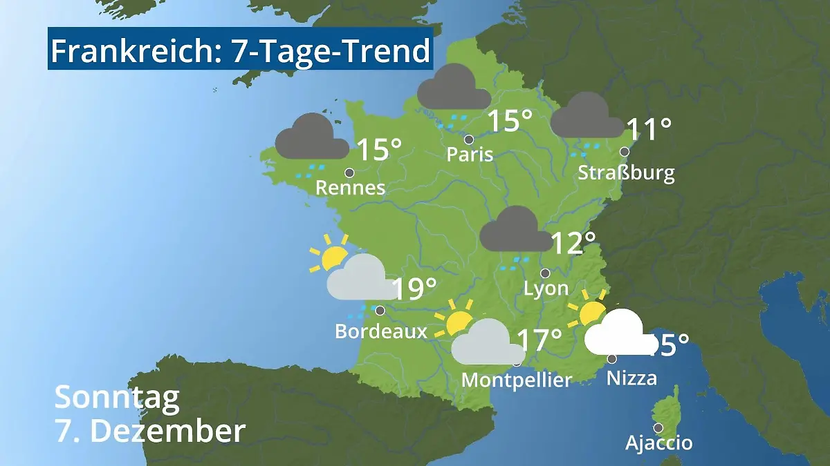 Frankreich: Wie wird das Wetter? Video 7-Tage-Trend: Paris, Straßburg, Nizza, Korsika