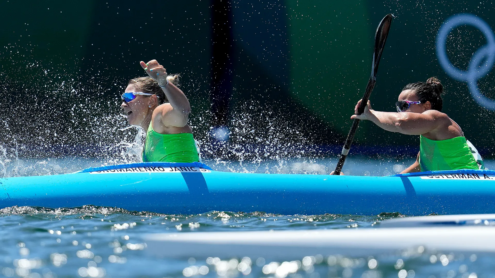Spela Ponomarenko Janic and Anja Osterman of Slovenia tip their boat while competing in the women's kayak double 500m semifinal at the 2020 Summer Olympics, Tuesday, Aug. 3, 2021, in Tokyo, Japan. (AP Photo/Lee Jin-man)
