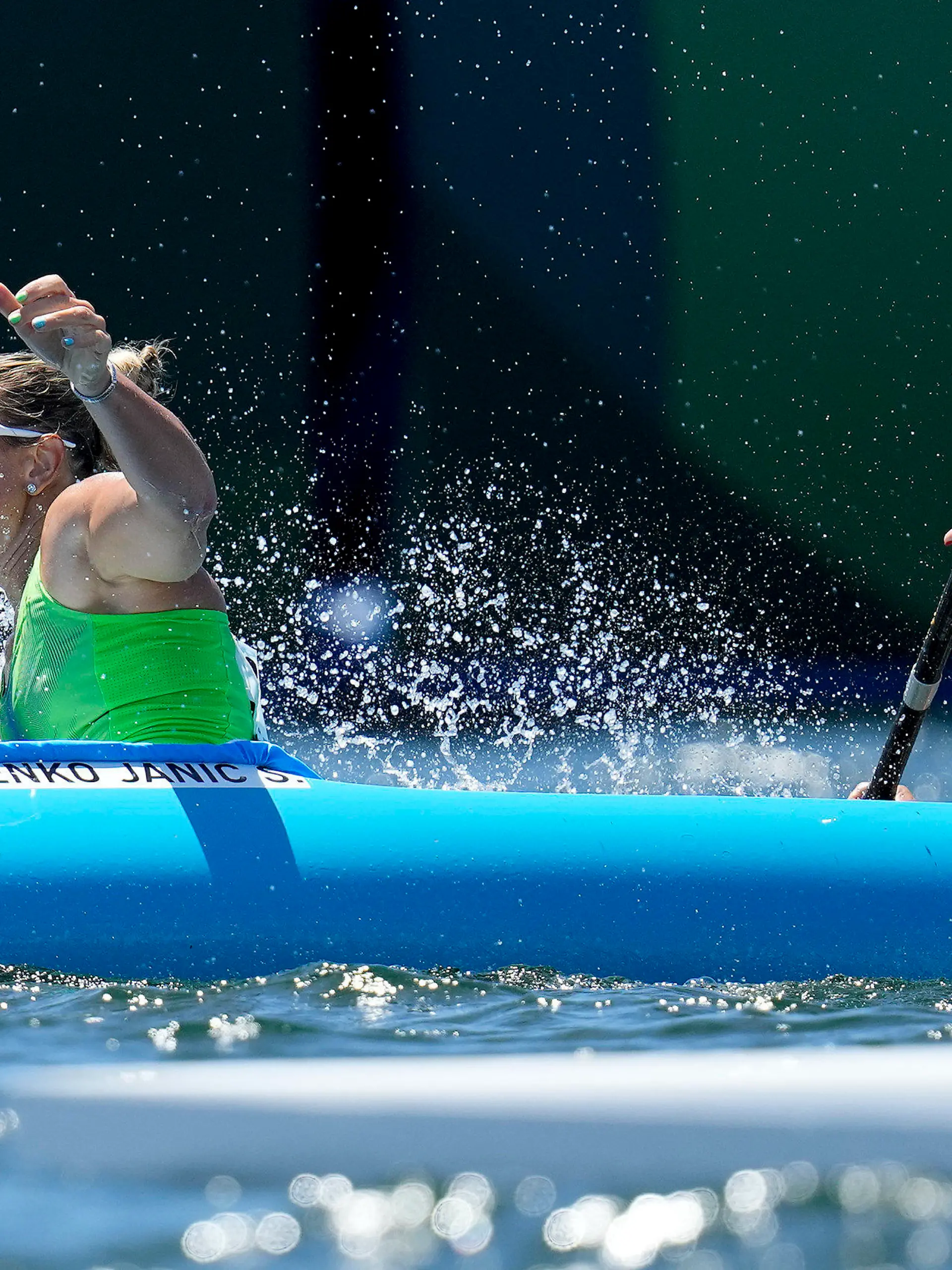 Spela Ponomarenko Janic and Anja Osterman of Slovenia tip their boat while competing in the women's kayak double 500m semifinal at the 2020 Summer Olympics, Tuesday, Aug. 3, 2021, in Tokyo, Japan. (AP Photo/Lee Jin-man)