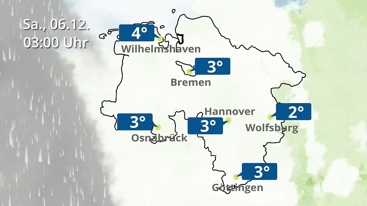 Bremen und Niedersachsen: Wie wird das Wetter? Regen- und Wolkenfilm für Hannover, Osnabrück und Wolfsburg