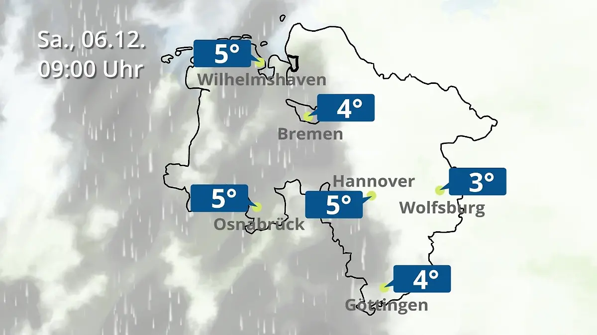 Bremen und Niedersachsen: Wie wird das Wetter? Regen- und Wolkenfilm für Hannover, Osnabrück und Wolfsburg