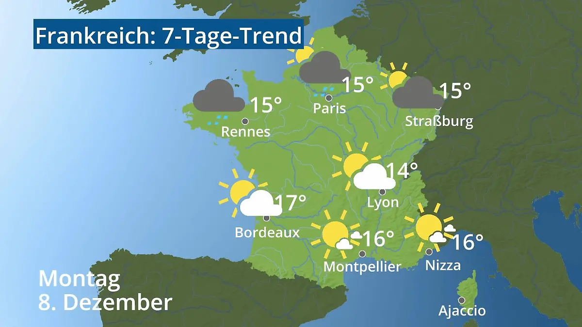 Frankreich: Wie wird das Wetter? Video 7-Tage-Trend: Paris, Straßburg, Nizza, Korsika