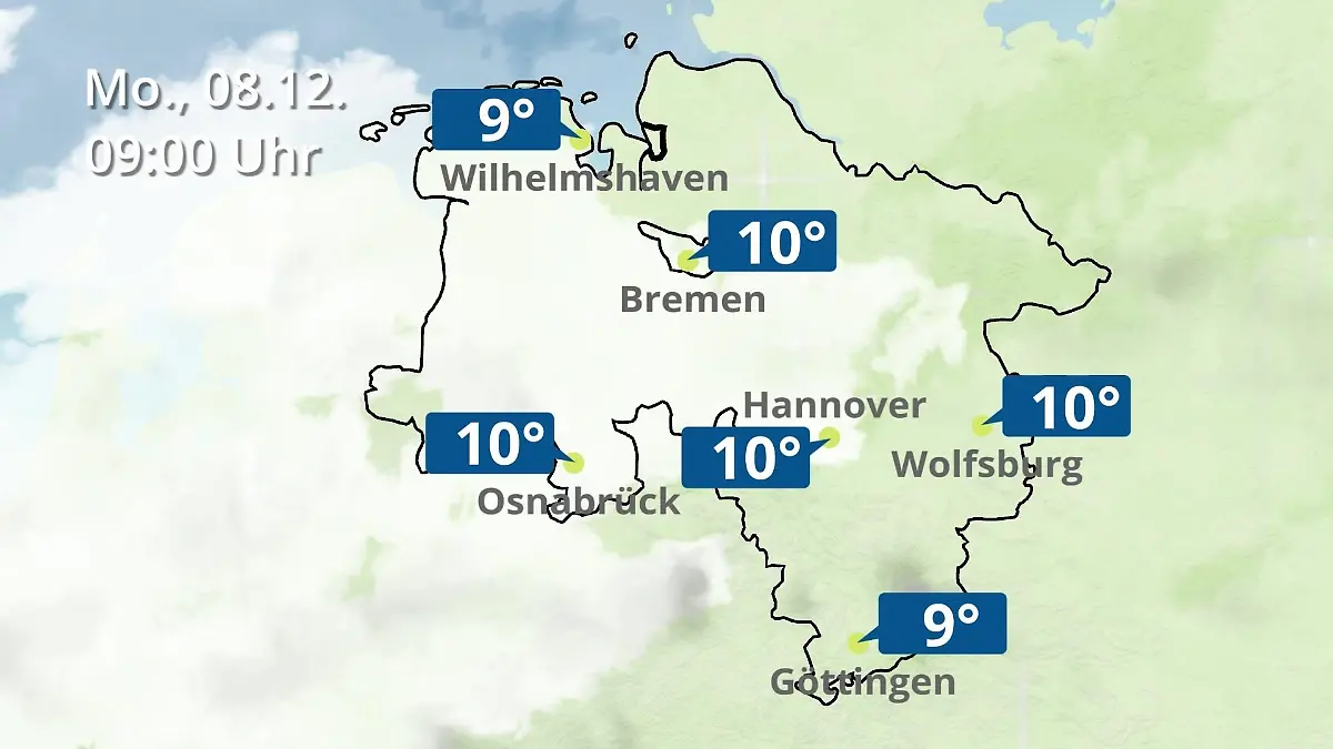 Bremen und Niedersachsen: Wie wird das Wetter? Regen- und Wolkenfilm für Hannover, Osnabrück und Wolfsburg