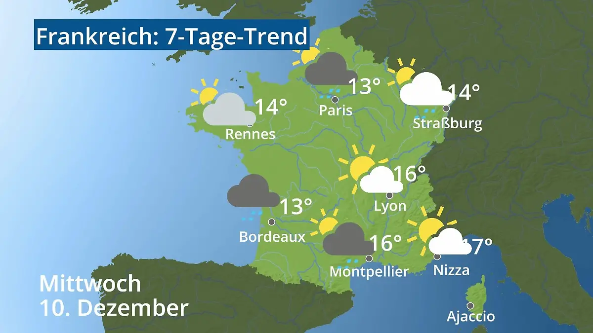 Frankreich: Wie wird das Wetter? Video 7-Tage-Trend: Paris, Straßburg, Nizza, Korsika