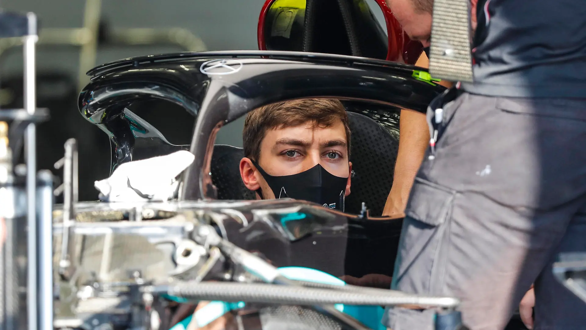 2020 Sakhir GP BAHRAIN INTERNATIONAL CIRCUIT, BAHRAIN - DECEMBER 03: George Russell, Mercedes F1 W11 EQ Performance, sits in his car during the Sakhir GP at Bahrain International Circuit on Thursday December 03, 2020 in Sakhir, Bahrain. Photo by Charles Coates / LAT Images Images PUBLICATIONxINxGERxSUIxAUTxHUNxONLY GP2016_114400_N3I5569
