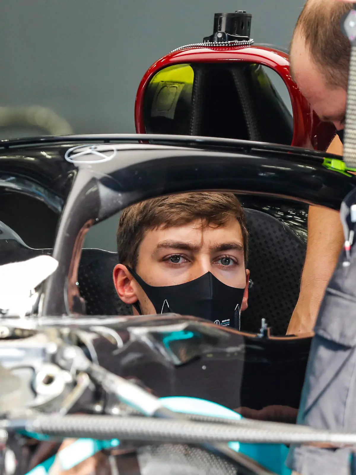  2020 Sakhir GP BAHRAIN INTERNATIONAL CIRCUIT, BAHRAIN - DECEMBER 03: George Russell, Mercedes F1 W11 EQ Performance, sits in his car during the Sakhir GP at Bahrain International Circuit on Thursday December 03, 2020 in Sakhir, Bahrain. Photo by Charles Coates / LAT Images Images PUBLICATIONxINxGERxSUIxAUTxHUNxONLY GP2016_114400_N3I5569