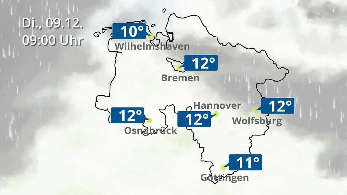 Bremen und Niedersachsen: Wie wird das Wetter? Regen- und Wolkenfilm für Hannover, Osnabrück und Wolfsburg