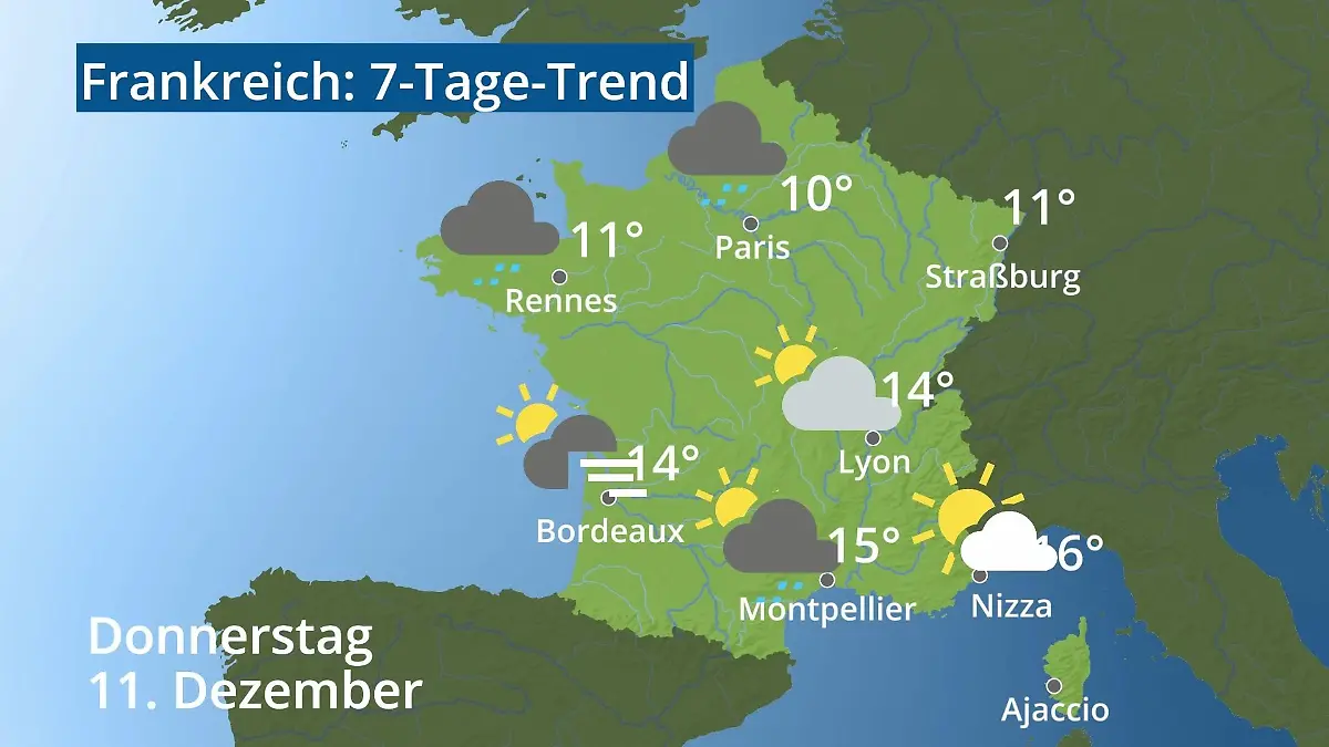 Frankreich: Wie wird das Wetter? Video 7-Tage-Trend: Paris, Straßburg, Nizza, Korsika