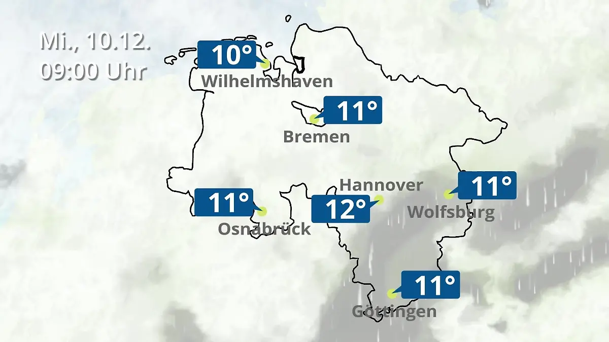 Bremen und Niedersachsen: Wie wird das Wetter? Regen- und Wolkenfilm für Hannover, Osnabrück und Wolfsburg