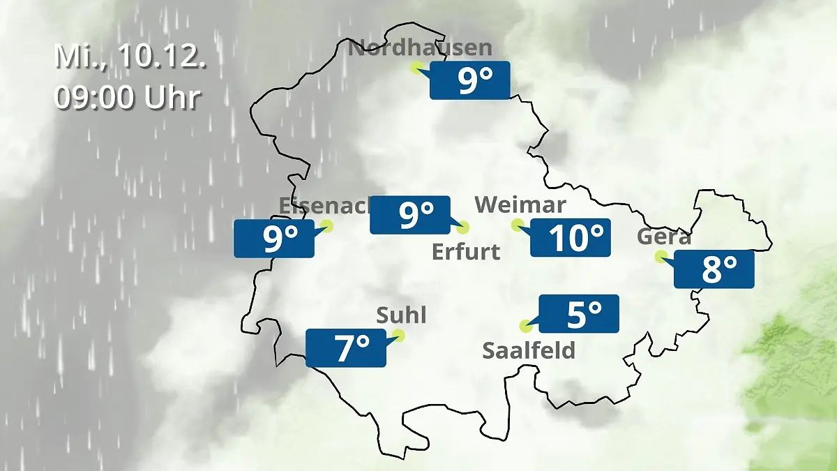 Thüringen: Wie wird das Wetter? Regen- und Wolkenfilm für Erfurt, Gera und Eisenach