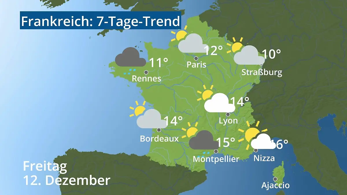 Frankreich: Wie wird das Wetter? Video 7-Tage-Trend: Paris, Straßburg, Nizza, Korsika