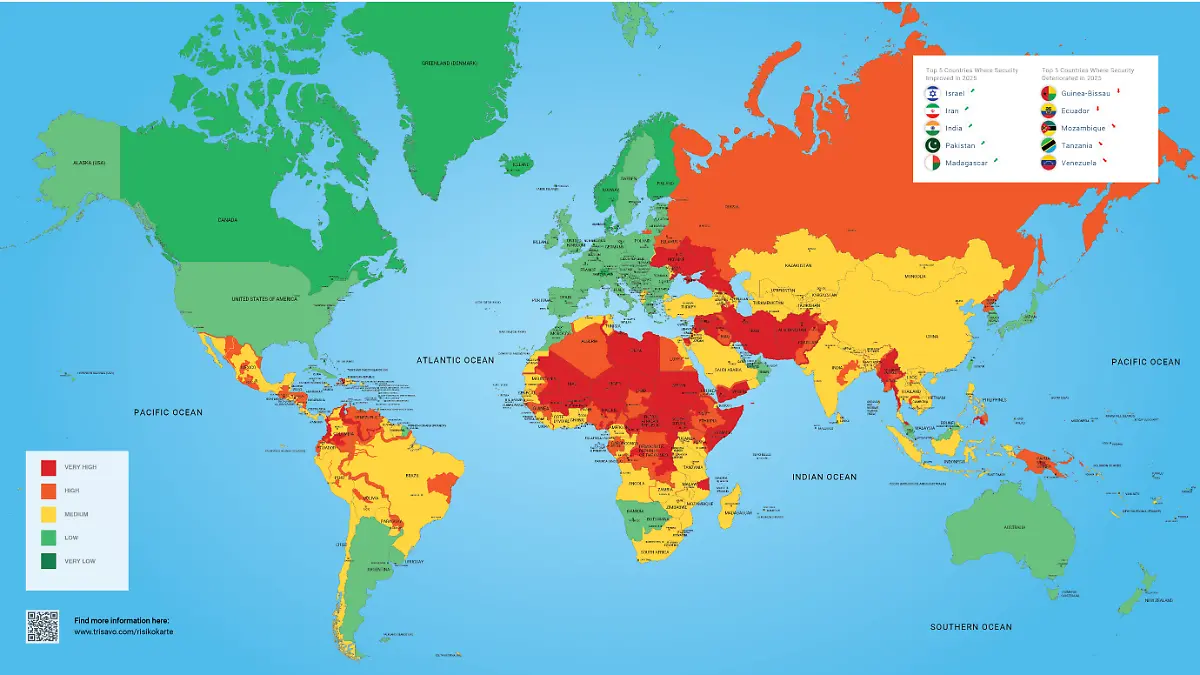 Die Risk Map 2026 zeigt, welche Länder und Regionen weltweit besonders gefährlich sind.