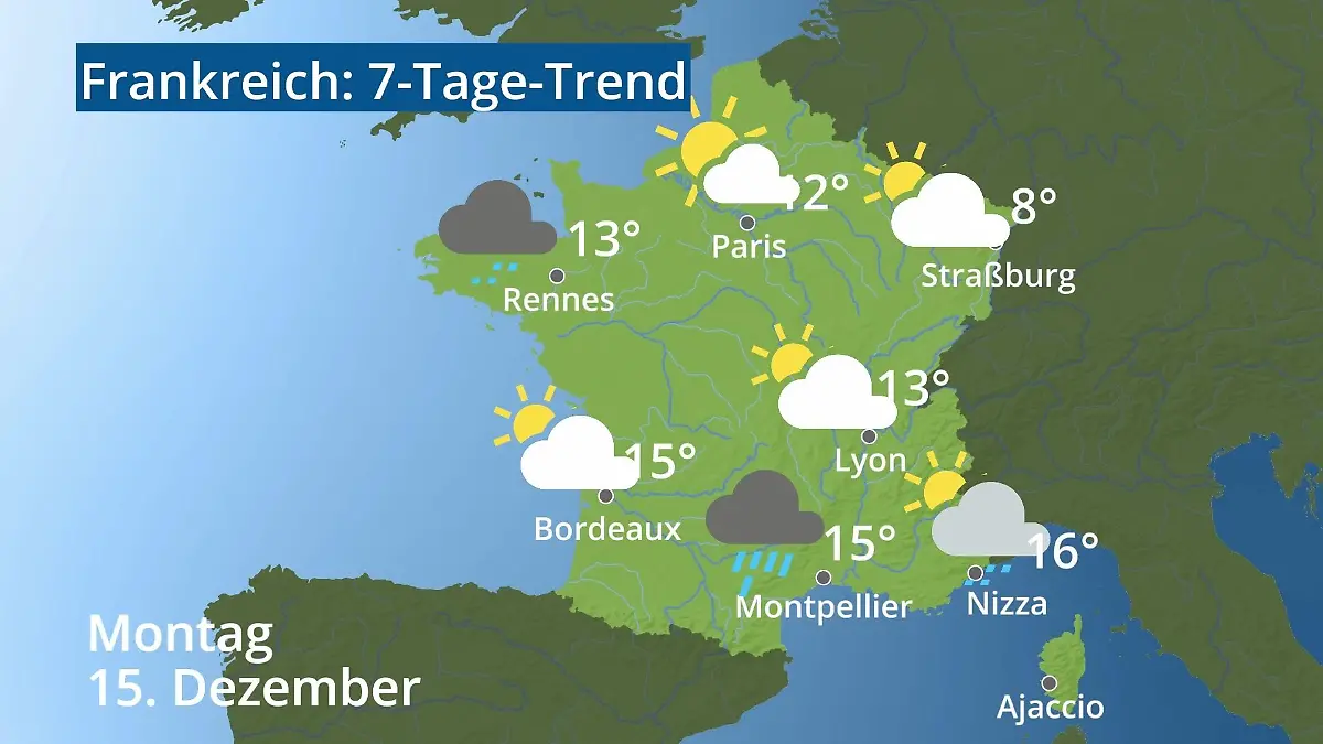Frankreich: Wie wird das Wetter? Video 7-Tage-Trend: Paris, Straßburg, Nizza, Korsika