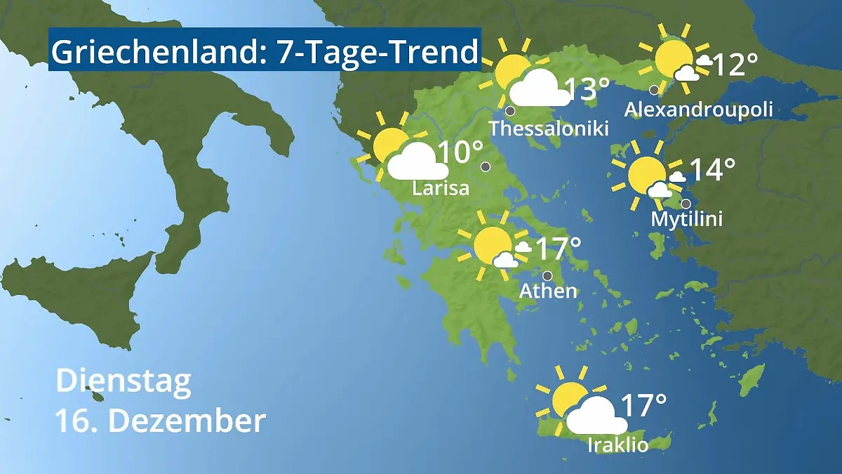 Griechenland: Wie wird das Wetter? Video 7-Tage-Trend: Athen, Kreta, Lesbos