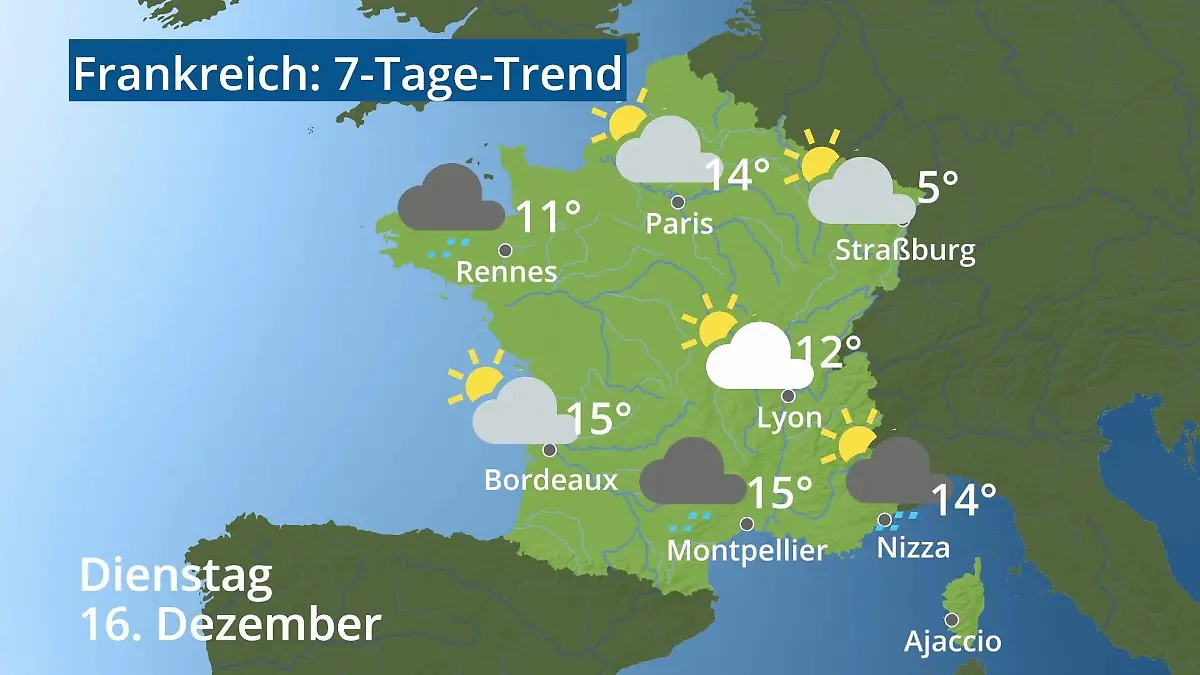 Frankreich: Wie wird das Wetter? Video 7-Tage-Trend: Paris, Straßburg, Nizza, Korsika