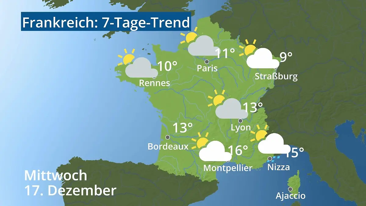 Frankreich: Wie wird das Wetter? Video 7-Tage-Trend: Paris, Straßburg, Nizza, Korsika