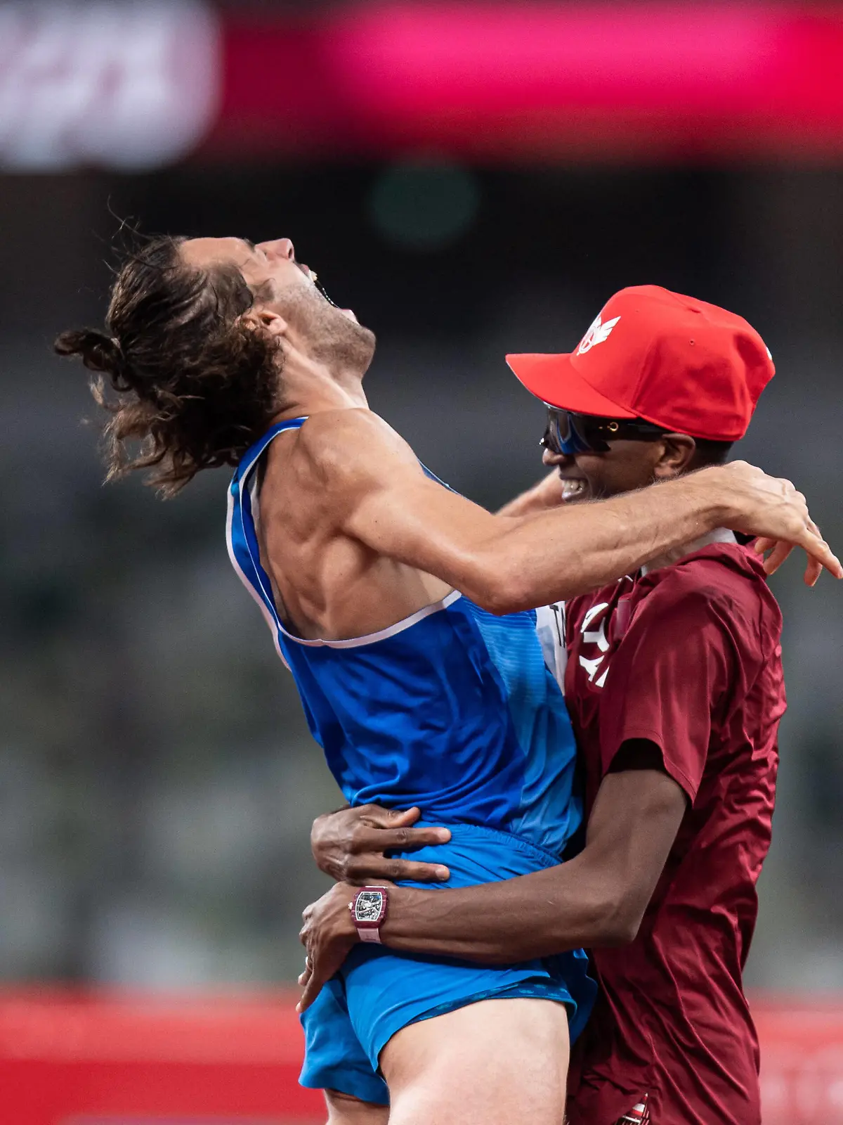  210801 Gianmarco Tamberi of Italy and Mutaz Essa Barshim of Qatar celebrate after splitting the gold after competing in mens high jump during day 9 of the Tokyo 2020 Olympic Games, Olympische Spiele, Olympia, OS on August 1, 2021 in Tokyo. Photo: Joel Marklund / BILDBYRAN / kod JM / JM0181 bbeng friidrott athletics friidrett olympic games olympics os ol olympiska spel olympiske leker tokyo2020 tokyo 2020 tokyo-os tokyo-ol jubel os-guld *** 210801 Gianmarco Tamberi of Italy and Mutaz Essa Barshim of Qatar celebrate after splitting the gold after competing in mens high jump during day 9 of the Tokyo 2020 Olympic Games on August 1, 2021 in Tokyo Photo Joel Marklund BILDBYRAN kod JM JM0181 bbeng athletics athletics athletics olympic games olympics os ol olympic games olympic games tokyo2020 tokyo 2020 tokyo os tokyo ol cheers os gold, PUBLICATIONxNOTxINxSWExNORxAUT Copyright: JOELxMARKLUND BB210801JM122