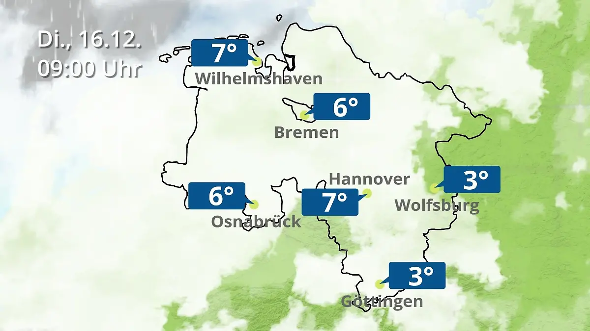 Bremen und Niedersachsen: Wie wird das Wetter? Regen- und Wolkenfilm für Hannover, Osnabrück und Wolfsburg