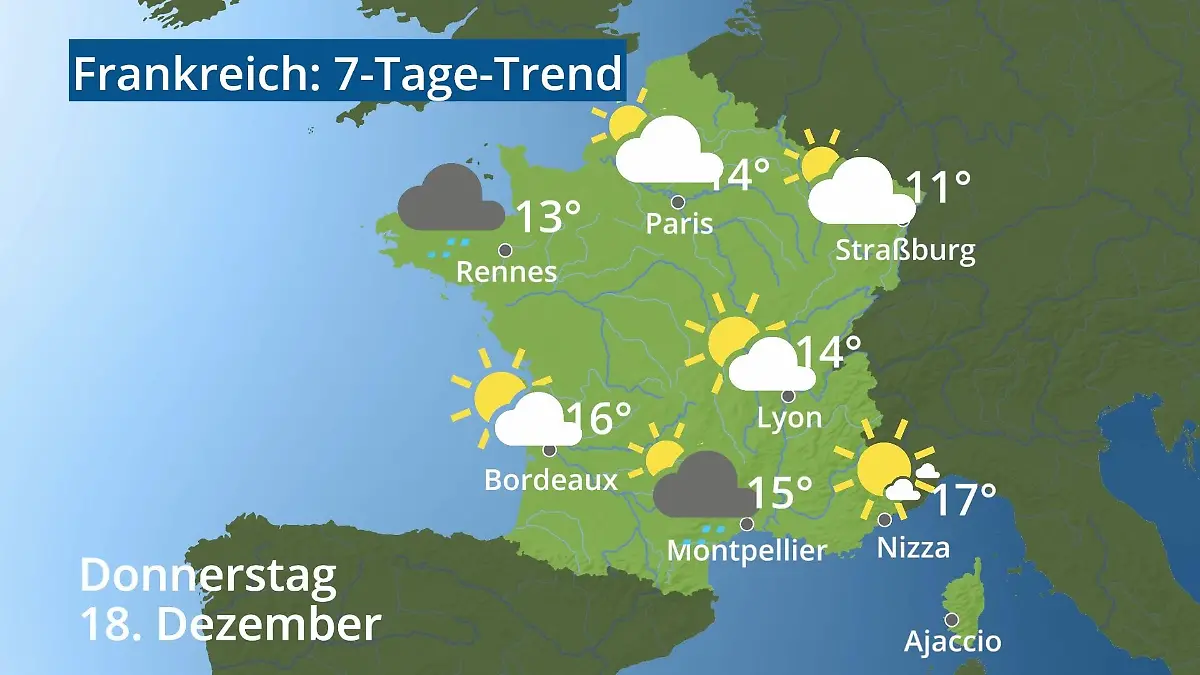 Frankreich: Wie wird das Wetter? Video 7-Tage-Trend: Paris, Straßburg, Nizza, Korsika