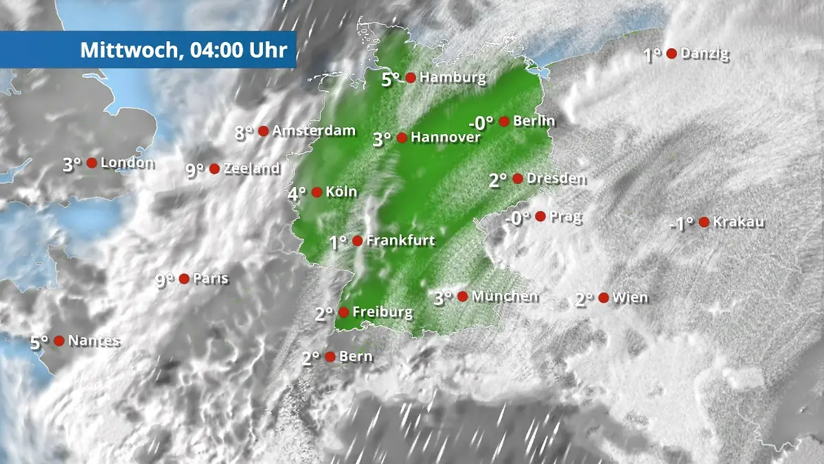 Osten klar und kalt, Westen mehr Wolken und milder Der Regen- und Wolkenfilm für 48 Stunden