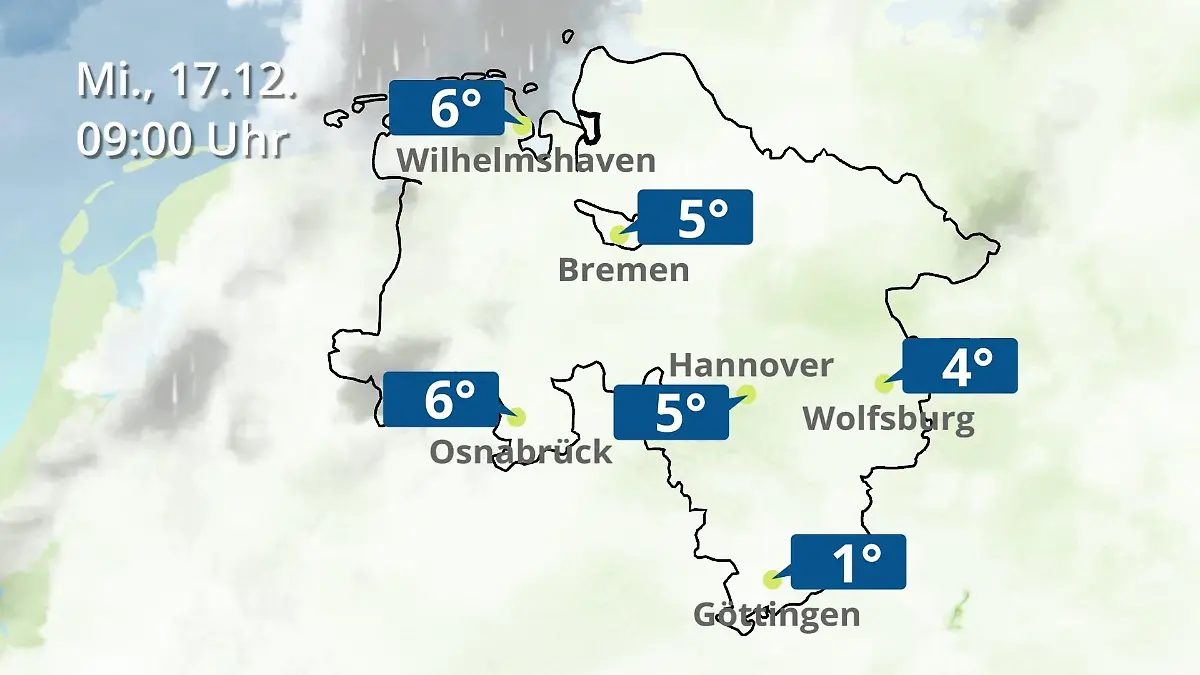 Bremen und Niedersachsen: Wie wird das Wetter? Regen- und Wolkenfilm für Hannover, Osnabrück und Wolfsburg
