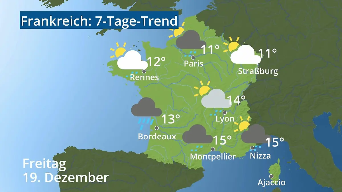 Frankreich: Wie wird das Wetter? Video 7-Tage-Trend: Paris, Straßburg, Nizza, Korsika