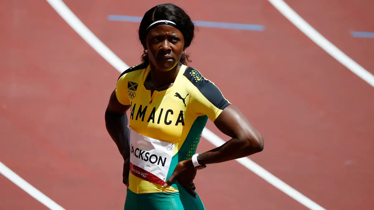 Tokyo 2020 Olympics - Athletics - Women's 200m - Round 1 - Olympic Stadium, Tokyo, Japan - August 2, 2021. Shericka Jackson of Jamaica reacts after competing in Heat 5 REUTERS/Phil Noble