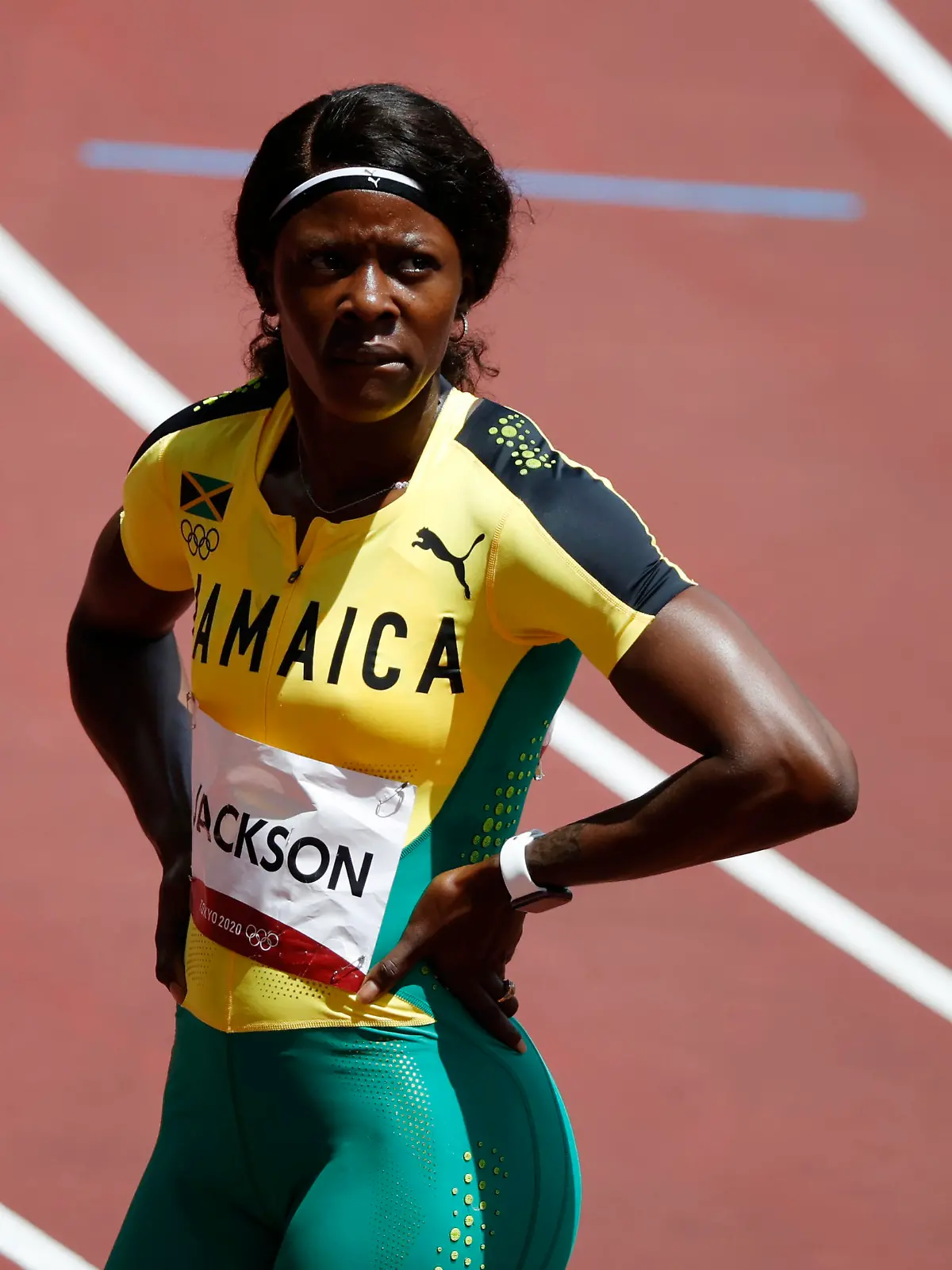 Tokyo 2020 Olympics - Athletics - Women's 200m - Round 1 - Olympic Stadium, Tokyo, Japan - August 2, 2021. Shericka Jackson of Jamaica reacts after competing in Heat 5 REUTERS/Phil Noble