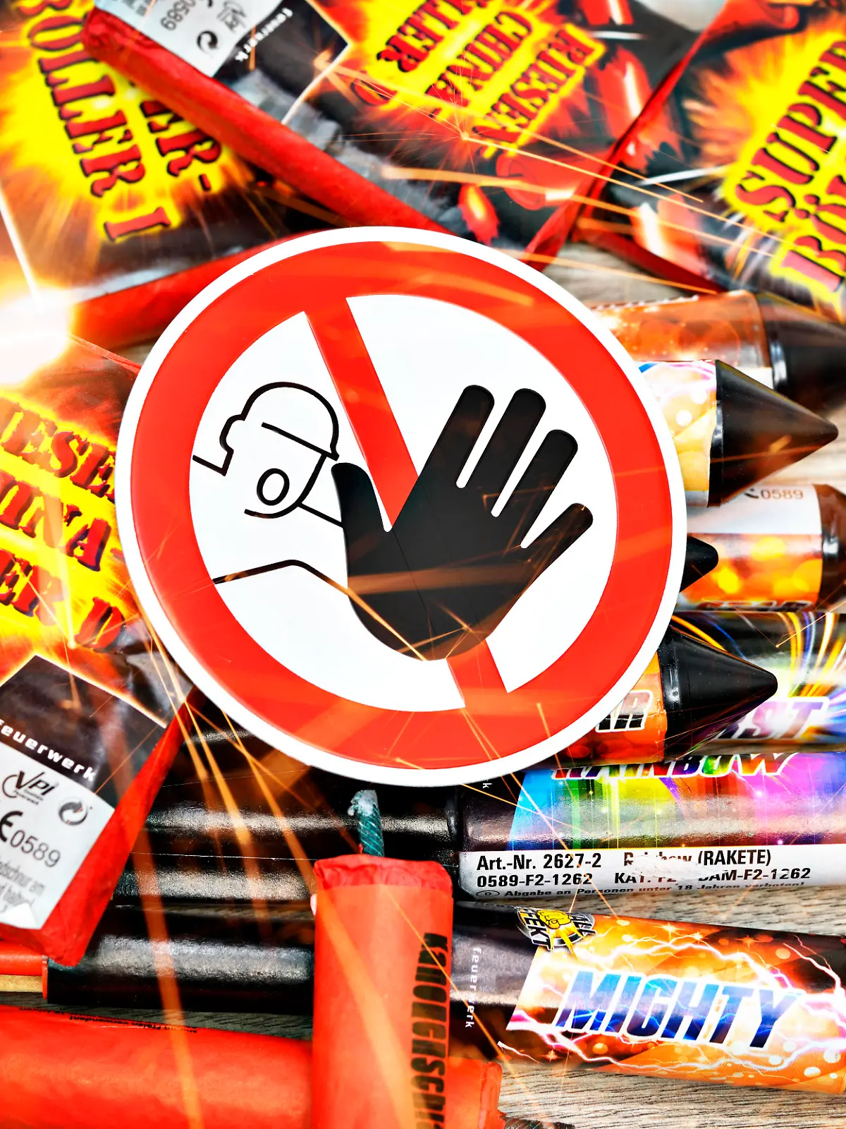 Feuerwerk, Verbotsschild und Funken (Symbolfoto)
