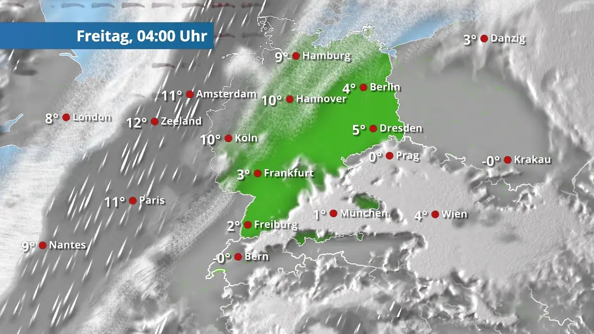 In der Früh kommt von Nordwesten Regen auf Der Regen- und Wolkenfilm für 48 Stunden