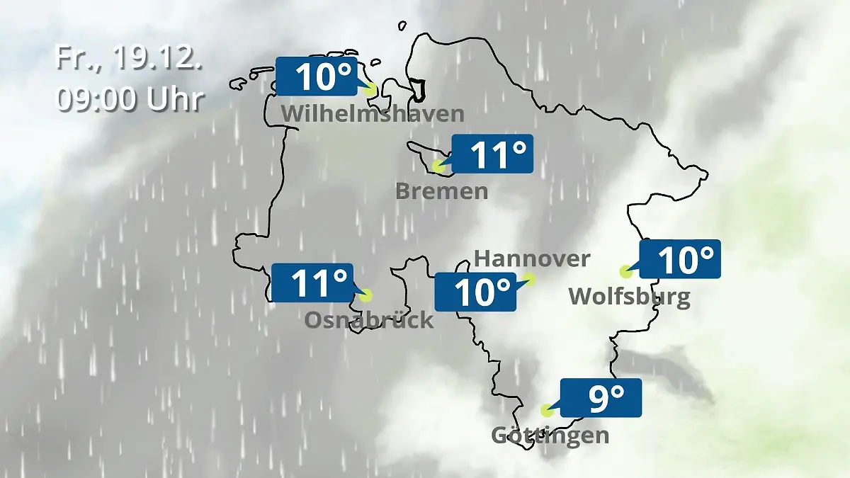 Bremen und Niedersachsen: Wie wird das Wetter? Regen- und Wolkenfilm für Hannover, Osnabrück und Wolfsburg