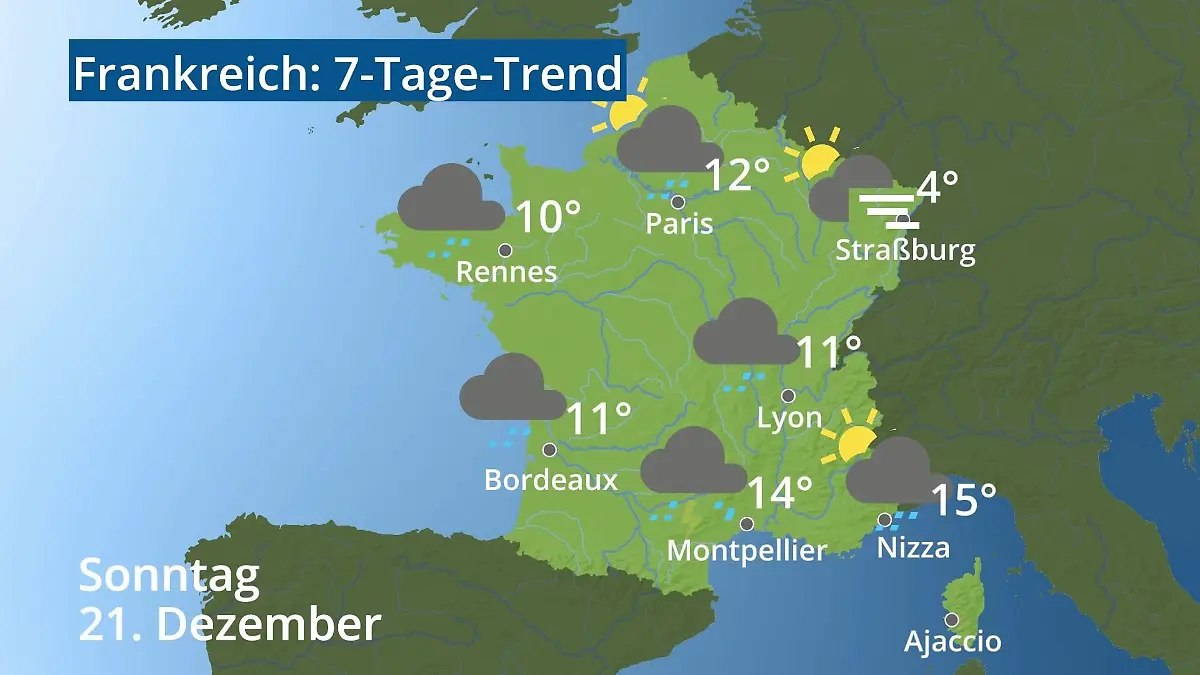 Frankreich: Wie wird das Wetter? Video 7-Tage-Trend: Paris, Straßburg, Nizza, Korsika