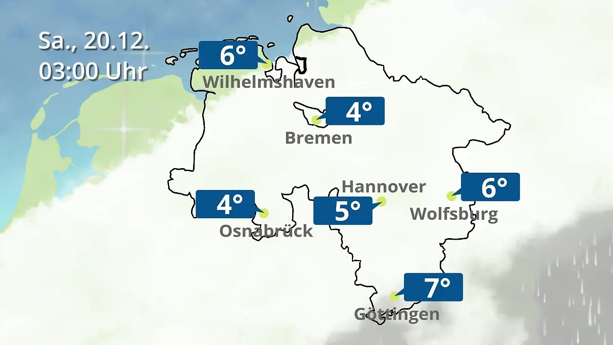 Bremen und Niedersachsen: Wie wird das Wetter? Regen- und Wolkenfilm für Hannover, Osnabrück und Wolfsburg