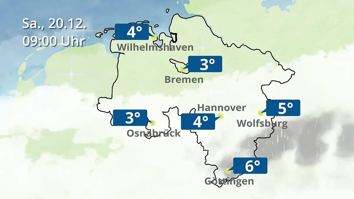 Bremen und Niedersachsen: Wie wird das Wetter? Regen- und Wolkenfilm für Hannover, Osnabrück und Wolfsburg