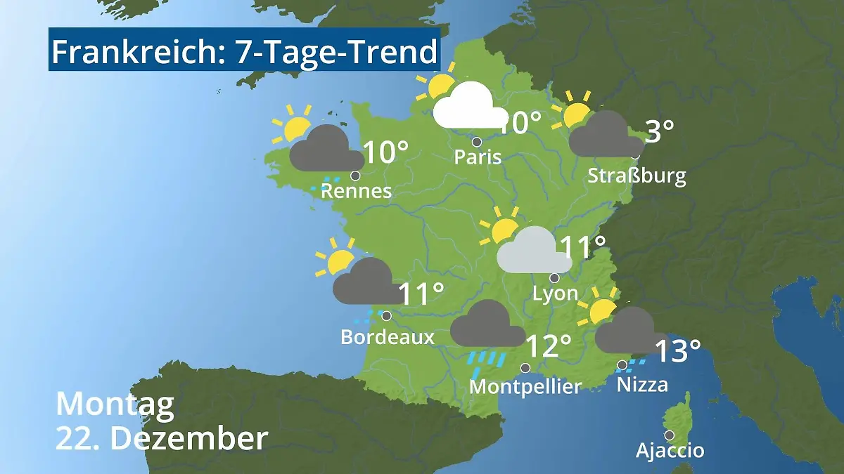 Frankreich: Wie wird das Wetter? Video 7-Tage-Trend: Paris, Straßburg, Nizza, Korsika