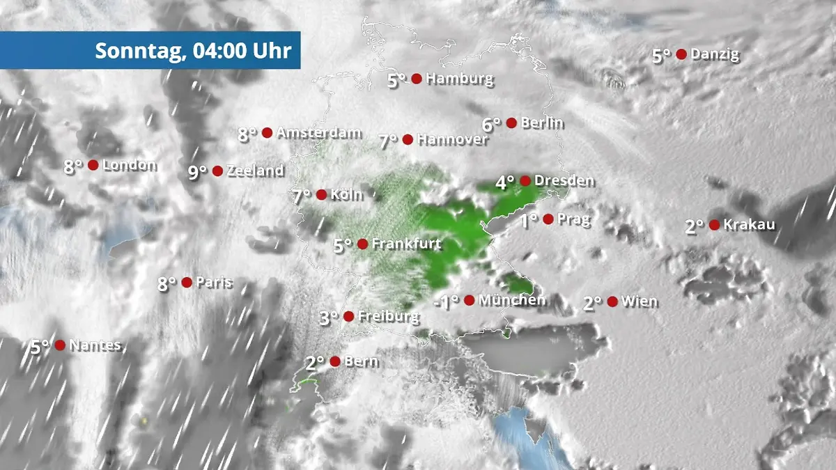 Nordhälfte bedeckt und teils nass Der Regen- und Wolkenfilm für 48 Stunden